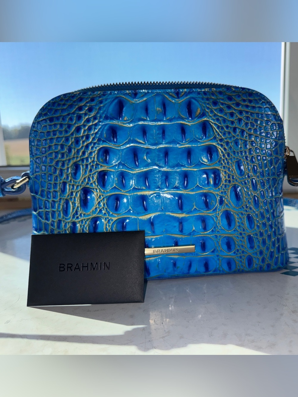 Brahmin Electric Blue Croc-Embossed Leather Amal Compact Crossbody